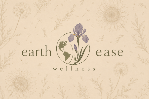 Earth Ease Wellness logo with globe and purple iris on a cream botanical background