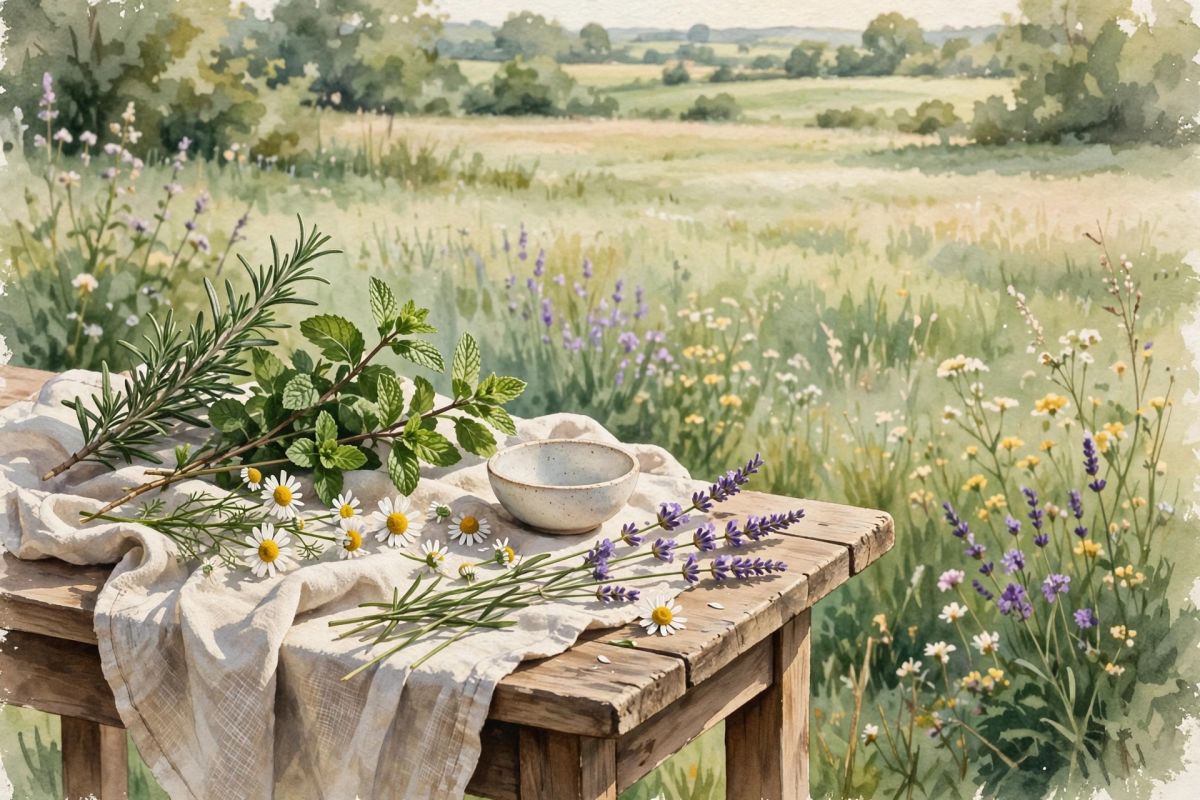 A sunlit table arranged with fresh herbs, chamomile and natural ceramics in a garden