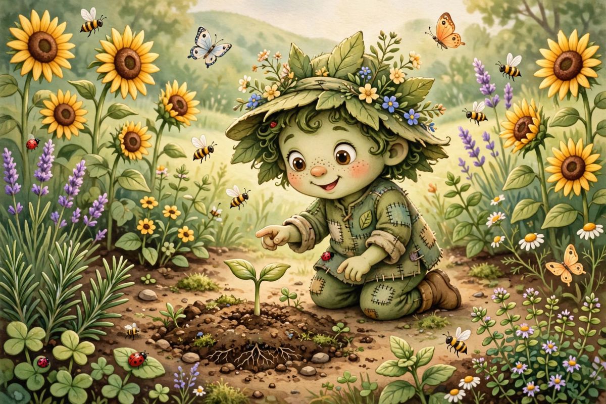 A cheerful illustrated garden friend learning among sunflowers, bees and butterflies
