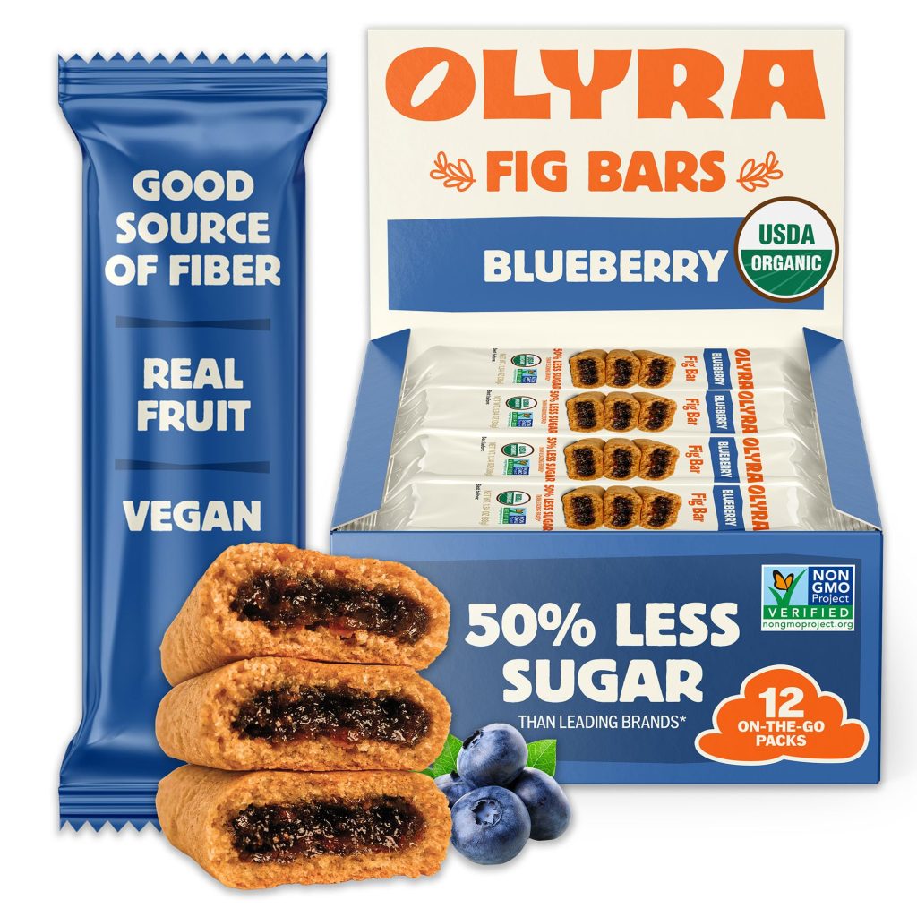 Olyra Organic Blueberry Fig Bars box with cut bars showing blueberry filling